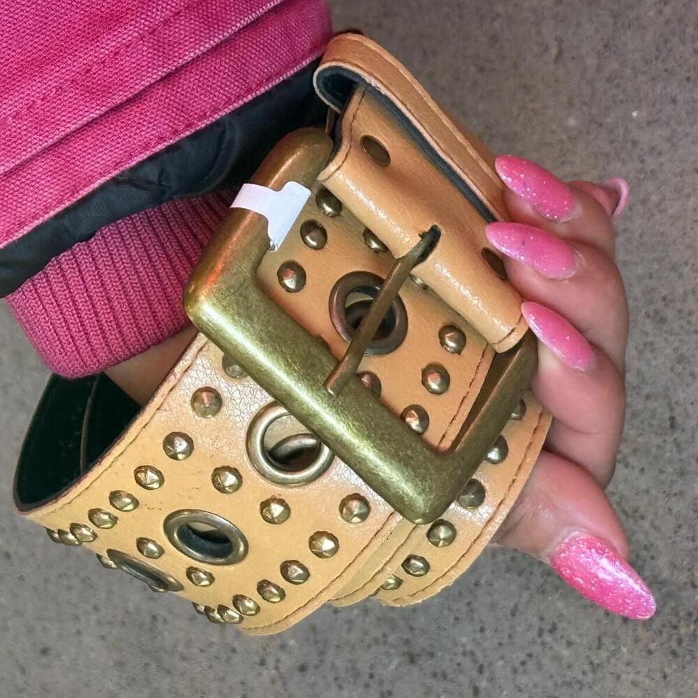 Tan and gold genuine leather studded belt